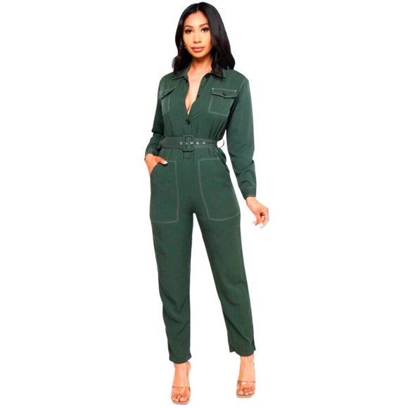 Women's Small Green Long Sleeve Button Front Pant Jumpsuit Belted Pockets Sexy - Picture 2 of 9